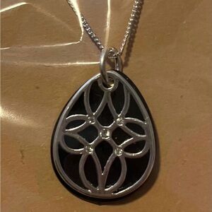 Sterling Silver Black Teardrop Floral Pendant Necklace